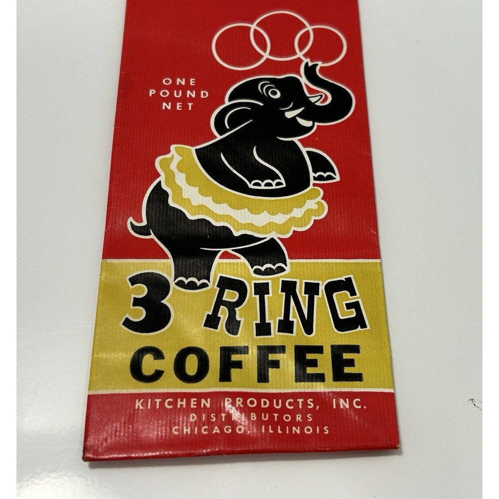 3 Ring Circus Black Elephant In Tutu UNUSED Coffee Bag Vintage Carnival 1950's